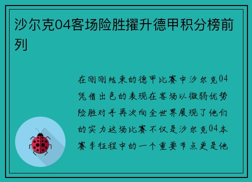 沙尔克04客场险胜擢升德甲积分榜前列
