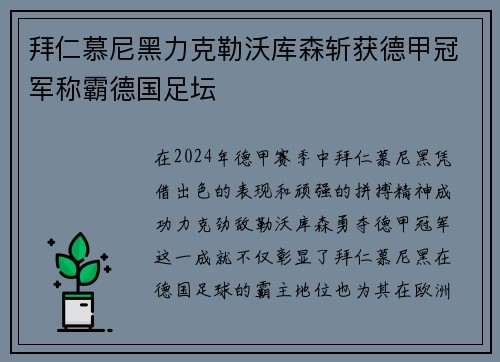 拜仁慕尼黑力克勒沃库森斩获德甲冠军称霸德国足坛